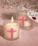 Frosted white glass votive holder with a sparkling pink cross design (Set of 30) - Baby Shower Gift