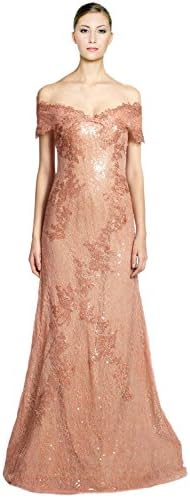 Rene Ruiz Lace Sequins Applique Off Shoulder Evening Gown Dress