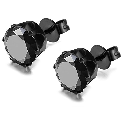 FIBO STEEL Stainless Steel Mens Womens Stud Earrings Black Round Cubic Zirconia Inlaid, 3mm-8mm Available