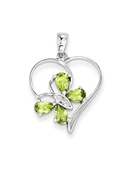 Sterling Silver Rhodium Peridot & Diamond Butterfly Heart Pendant