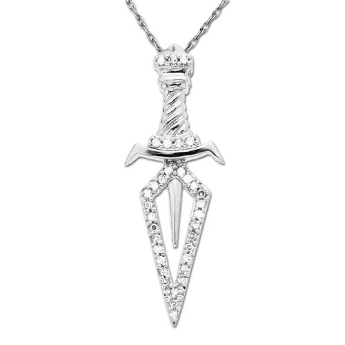 10k White Gold Diamond Dagger Pendant (1/10 cttw, I-J Color, I3 Clarity), 18”