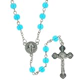 Light Blue Beaded Link Rosary With Saint Benedict Centerpiece and 5mm Round Beads - 28'' Necklace - 20'' Overall Length