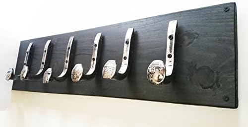 Heavy Duty Coat Hat Robe Tool Towel Hook Rail Rack Wall Mount Storage Display Rustic Holder Architectural Reclaimed Organizer Kitchen Bathroom Foyer Bedroom Closet Garden Garage Accessory Wooden Antique Vintage Metal (Black Ebony and Brushed Steel, 24" Rack Rail with 6 Railroad Spike Hooks)