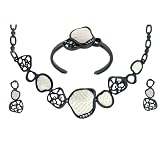 3-Piece Set Exotic Leather Gunmetal Crystals Necklace Bracelet Earring Bucasi