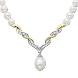 S&G Sterling Silver and 14k Yellow Gold Freshwater Cultured Pearl and Diamond Drop Necklace (0.09cttw, I-J Color, I3 Clarity), 18"