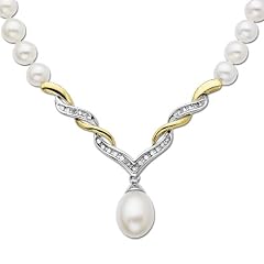 Sterling Silver 14k Yellow Gold Freshwater Cultured Pearl Diamond Drop Very Beautiful Necklace