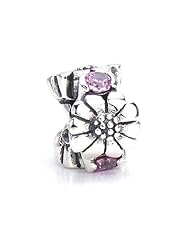 Bella Fascini Silver Flowers with Pink Swarovski Cubic Zirconia - Solid Sterling Silver - Fits Perfectly on Chamilia Moress Pandora Troll and Compatible Brands Bracelet