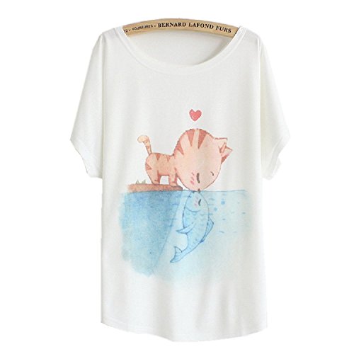 DQdq Women's Summer Loose Short Sleeve Print T-shirt Top White