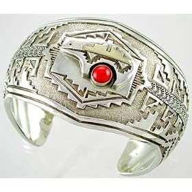 Sterling Silver, 14kt. Gold and Coral Bear Bracelet by Jefferson Brown, #10879 by Taos Trading Bracelets
