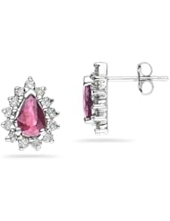6X4mm Pear Shaped Pink Topaz and Diamond Flower Earrings in 14k White Gold