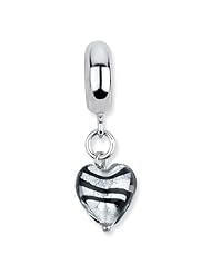 Sterling Silver s Grey W/blk Stripe Ital. Murano Dangle Bead by Reflection Beads, Best Quality Free Gift Box Satisfaction Guaranteed