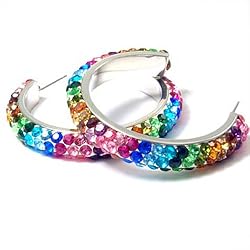 Rainbow Rhinestone Clay Based 1.5" Hoop Earrings Fashion Jewelry