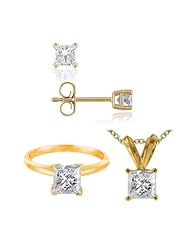 1 CT Princess Cut Diamond Set 14K White Gold - Ring, Pendant & Earrings (I1-I2 Clarity)