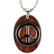 Stainless Steel Natural Redwood Peace Sign Oval Pendant Necklace