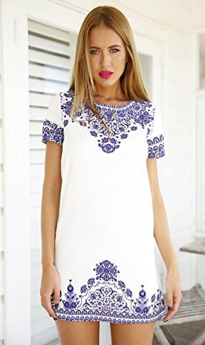 Women China Porcelain Floral Print Casual Loose Dress (S)