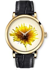 SPRAWL Aanalog Fashion Series Gold Ladies Watches of Genuine Black Leather Strap,Unique Wrist Watch for Women Girls Designed with Yellow Daisy fading