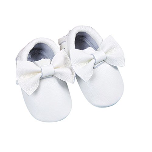 Bow Leather Baby Moccasins for Boy Girl Infant Toddler Pre-walker Crib Shoe (12-18 month (5.5 inches, white)