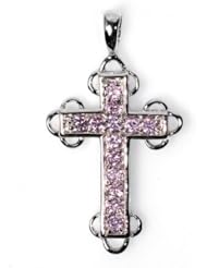 Sterling Silver Cross Pink Ice CZ Pendant Fashion Faith Charm Pure 925 New 27mm with 1mm Box Chain