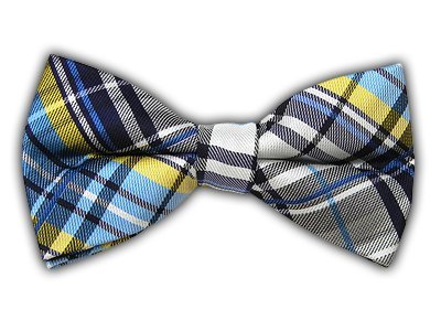 100% Silk Woven Navy and Mystic Blue Trinity Plaid Pre-Tied Bow Tie