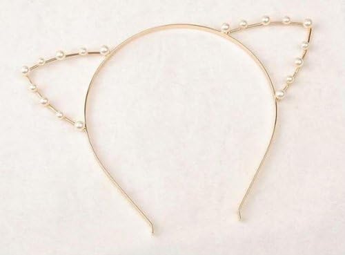 Hip Mall Cute Steel Metal Ladies Blingbling Pearl Kitty Cat Ear Narrow Hairband Headband Hair Band (Gold)