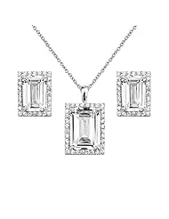 .925 Sterling Silver Rhodium Plated Emerald Cut CZ Framed Earring and Pendant-Necklace Set with 1.6mm Cable Rolo Chain - 16"+2" Inches Extension