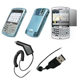 Premium Light Blue Soft Silicone Gel Skin Cover Thermoplastic Polyurethane (TPU) Case + Crystal Clear Screen Protector + Rapid Car Charger + USB Data Sync Charge Cable for BlackBerry Curve 8300, 8310, 8320, 8330
