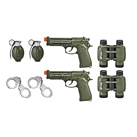  Kids Military Dual Play Set B/o Hand Guns, Binoculars, B/o Grenades, Stainless Steel Handcuffs
