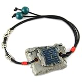 Painted Blue Oriental Stamp With Fine Gold Detail - Silver Rings And Aqua Green Beads - Rectangular Gray Musk Hand Made Ceramic - Black Adjustable Bracelet