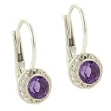 Sterling Silver Genuine Amethyst stone round filigree LeverBack Lever Back Earrings