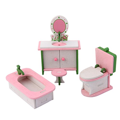 Wooden Dolls House Furniture Set Dollhouse Miniatures Bathroom Set Kids Gift