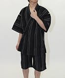 雷嵐 しじら織 羽織 甚平 上下 2点 セット / メンズ 大きいサイズ 父の日 ギフト 予約 6月初旬発送 A/ブラック 嵐