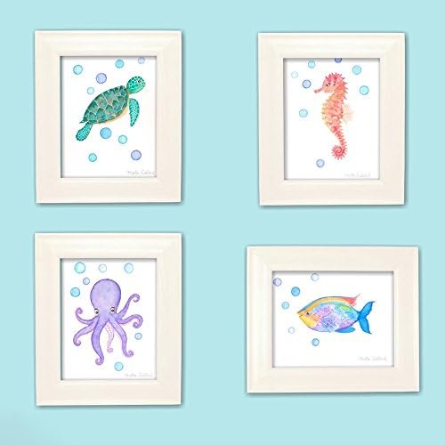 Sea art print set. Under the sea watercolor paintings. Ocean nursery decor. Sea creatures kids room art. Sea decor. Turtle, seahorse, octopus, fish art.