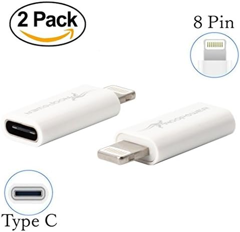 Type C to Lightning Adapter [2 Pack ], Roopower Type C(USB C) to 8-Pin Lightning Charge and Sync Adapter - Charge your iPhone / iPad / iPod with Type C Cables for iOS 8,9 &amp;10 - White