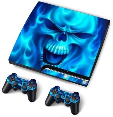 Doodle Deals Ps3 Wireless Game Controller for Sony Playstation 3 with Rumble Feature Black and Ps3 Slim Vinyl Skin Sticker Decal for Playstation 3 Slim & Remote Controllers Blue Skull Flame