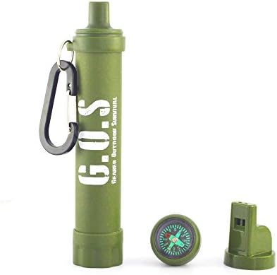Geared Outdoor Survival Water Filter Straw W/ Mirror, Compass, and Bottle Attachment. 1500L Filtration Capacity, 5 Year Shelf Life