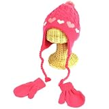 Winter Toddler Girls 2-4 Years Knit Ski Trapper Beanie Hat with Mittens Gloves Set Fuchsia