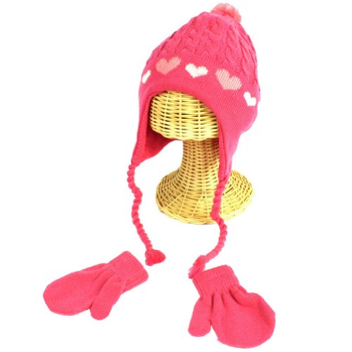 Winter Toddler Girls 2-4 Years Knit Ski Trapper Beanie Hat with Mittens Gloves Set Fuchsia