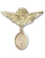 14K Gold Baby Badge with St. Samuel Charm and Angel with Wings Badge Pin