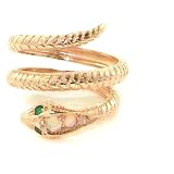 14K Gold (Choice of Yellow or Rose Gold) Coiled Snake Ring set with Opal & Emerald with Snake Scaling - Finger Sizes 5 to 12 Available