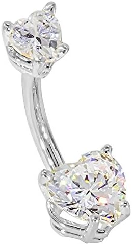 14G 3/8" - Petite Hearts CZ 14K White Gold Belly Ring - (April)