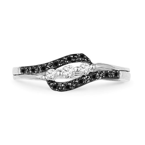 10KT White Gold Round Diamond Black And White Three Stone Bypass Promise Ring (1/4 cttw)