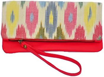 AT IKAT Indian Women's Multicolor and Red Fold Clutch Handbag cum IPAD sleeve Evening Party Bag