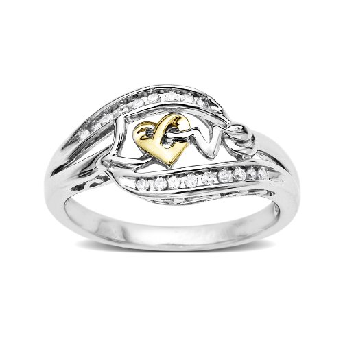 Sterling Silver and 14k Yellow Gold Diamond Love Ring (1/10 cttw, Black Diamond and I-J Color, I3 Clarity), Size 9