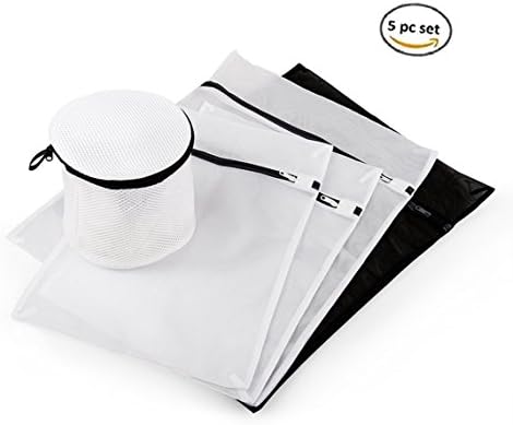 Mesh Laundry Bags (5) - 1 Bra lingerie Protection Washing Drying Bag with Rust Proof Flow Zipper 2 Large &amp; 2 Medium, Black and White