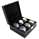 Contemporary Compact Black Watch Display Storage Case Chest With White Stitching Holds 6 Watches With Soft Adjustable Pillows