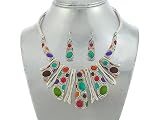 Beautiful Icon Collection Multi-Colored Stone Tribal Bib Necklace and Earrings Set on Silver Chain