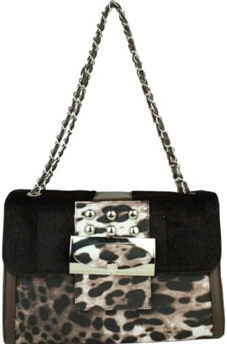 LEOPARD w/Faux Fur Designer Inspired HOT HOT HOT Fold over front snap closure shoulder bag by Jersey Bling (Dark Brown Leopard)