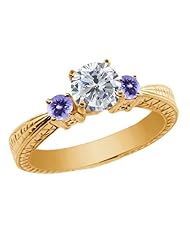 1.24 Ct Round H/I Diamond Blue Tanzanite 18K Yellow Gold 3-Stone Ring