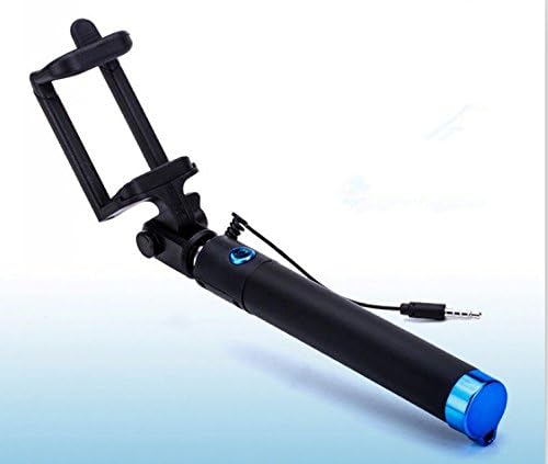 Mini Metallic Selfie Stick.Wired Camera Stick.Compatible with all iPhone, Samsung &amp; Android smartphones. Use as a Monopod for camera. Connects to headphone jack. Get yours Now! BLUE w/ Carrying Bag