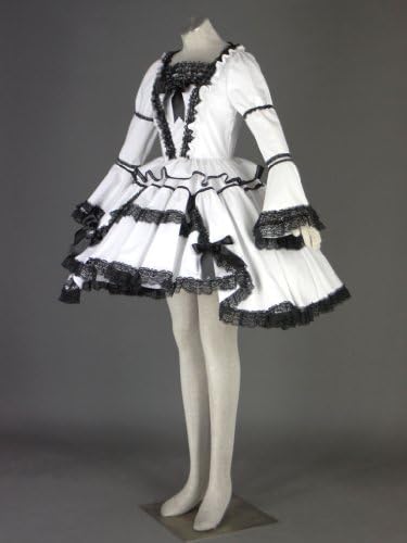 AvaLolita Gothin Long Sleeves White Lolita Dress with Black Lace Hem, XS